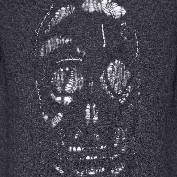 Pre Owned Alexander McQueen Grey Pierced Skull Wool & Cashmere Sweater L