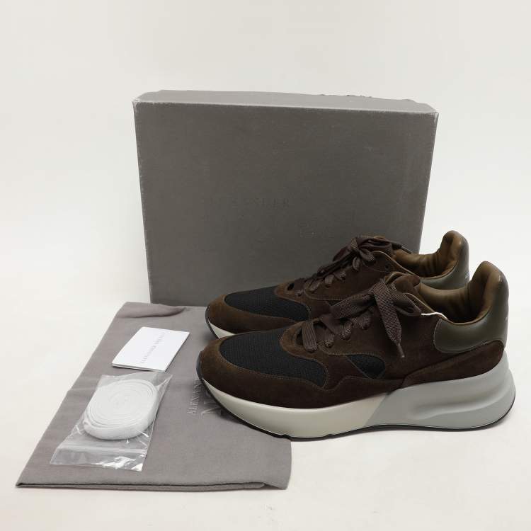 Pre Owned Alexander McQueen Moss Green/Brown Mesh and Leather Oversized Runner Sneakers Size 45
