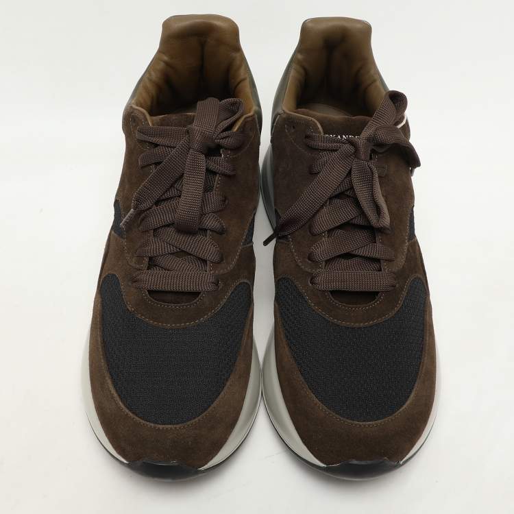 Pre Owned Alexander McQueen Moss Green/Brown Mesh and Leather Oversized Runner Sneakers Size 45