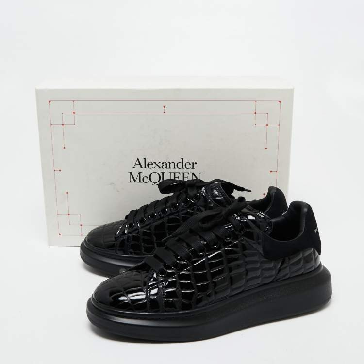 Pre Owned Alexander McQueen Black Croc Embossed Patent Leather Oversized Sneakers Size 43