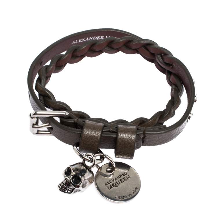 Pre Owned Alexander McQueen Greenish Brown Leather Braided Double Wrap Skull Bracelet 