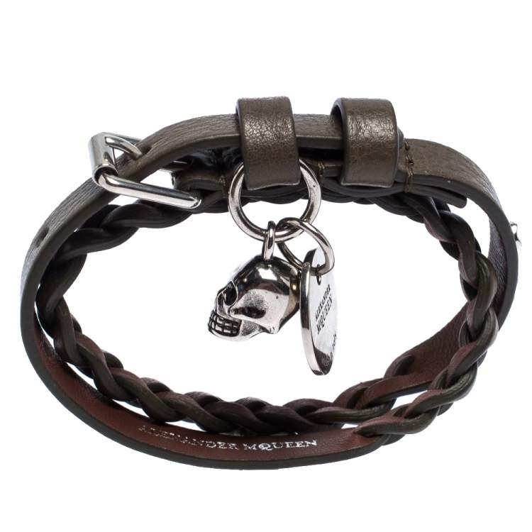 Pre Owned Alexander McQueen Greenish Brown Leather Braided Double Wrap Skull Bracelet 