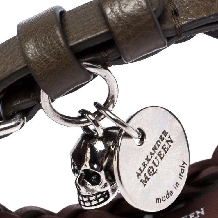Pre Owned Alexander McQueen Greenish Brown Leather Braided Double Wrap Skull Bracelet 