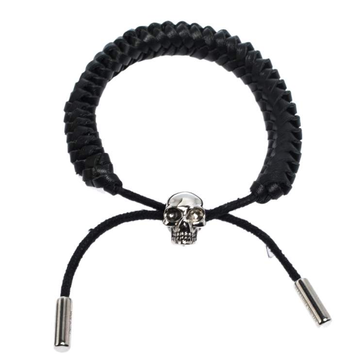 Pre Owned Alexander McQueen Skull Charm Woven Black Leather Silver Tone Adjustable Bracelet 