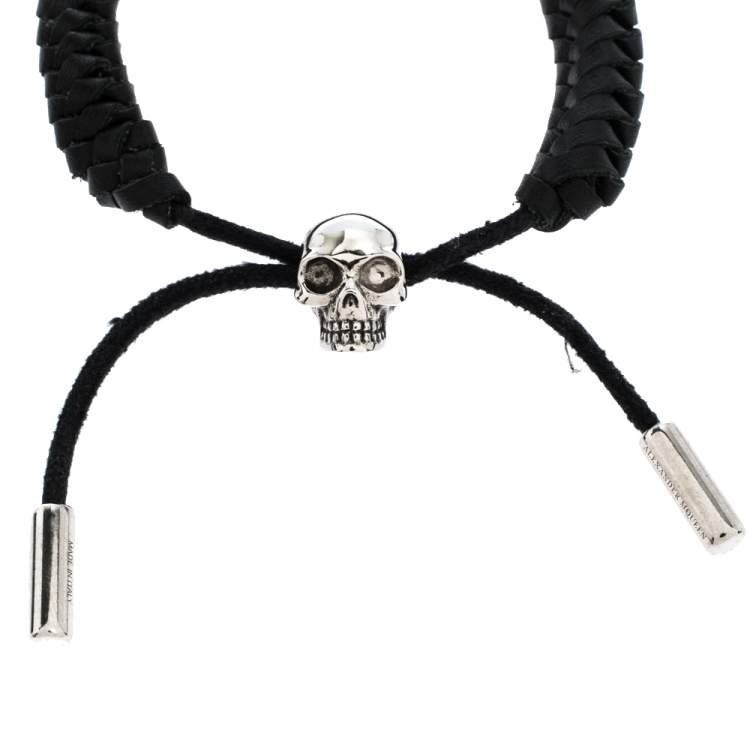 Pre Owned Alexander McQueen Skull Charm Woven Black Leather Silver Tone Adjustable Bracelet 