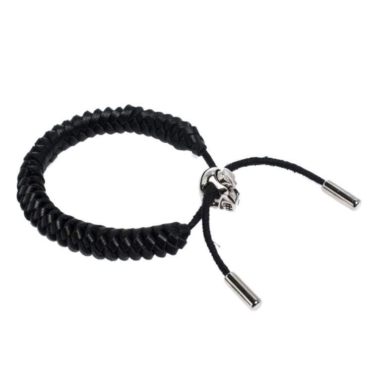 Pre Owned Alexander McQueen Skull Charm Woven Black Leather Silver Tone Adjustable Bracelet 