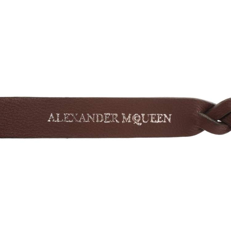 Pre Owned Alexander McQueen Brown Leather Silver Tone Wrap Bracelet
