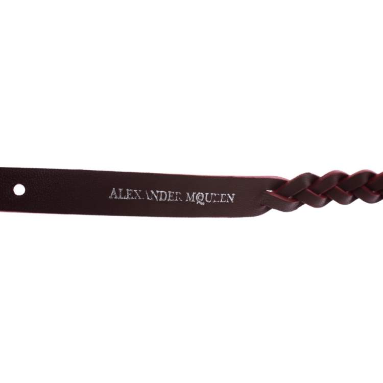 Pre Owned Alexander McQueen Red Leather Silver Tone Wrap Bracelet