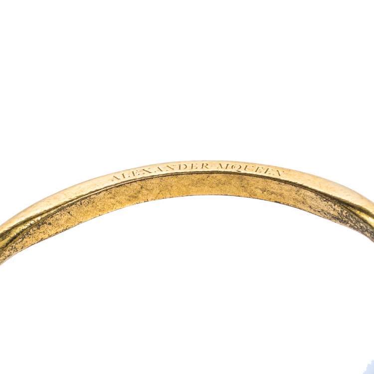 Pre Owned Alexander McQueen Skull Motif Gold Tone Open Cuff Bracelet