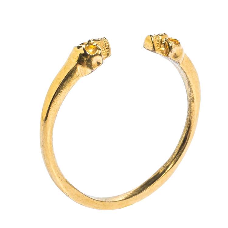 Pre Owned Alexander McQueen Skull Motif Gold Tone Open Cuff Bracelet