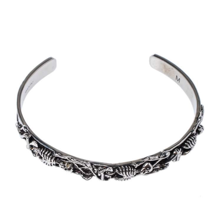 Pre Owned Alexander McQueen Dancing Skeleton Silver Tone Open Cuff Bracelet M