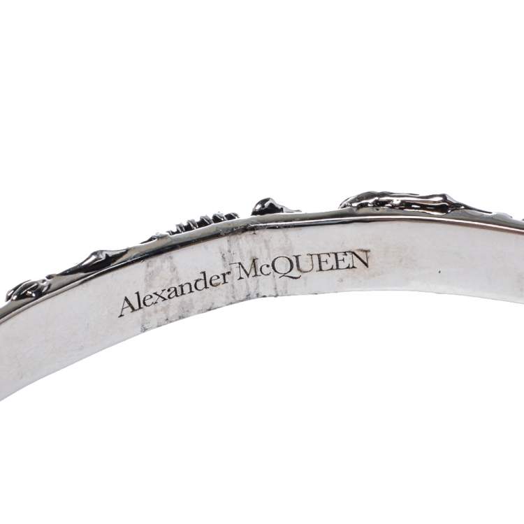 Pre Owned Alexander McQueen Dancing Skeleton Silver Tone Open Cuff Bracelet M