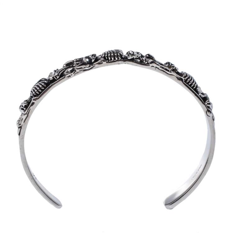 Pre Owned Alexander McQueen Dancing Skeleton Silver Tone Open Cuff Bracelet M
