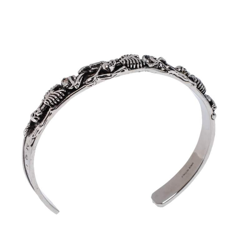 Pre Owned Alexander McQueen Dancing Skeleton Silver Tone Open Cuff Bracelet M