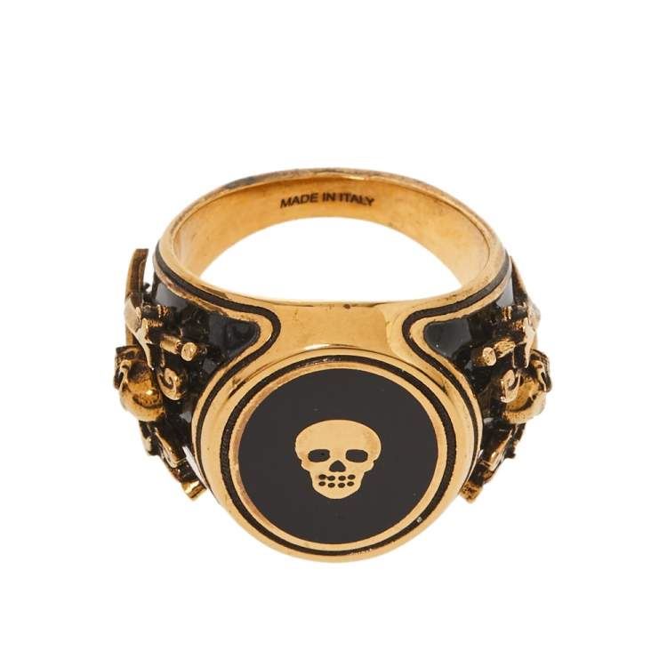 Pre Owned Alexander McQueen Skull Motif Enamel Gold Tone Ring Size 60