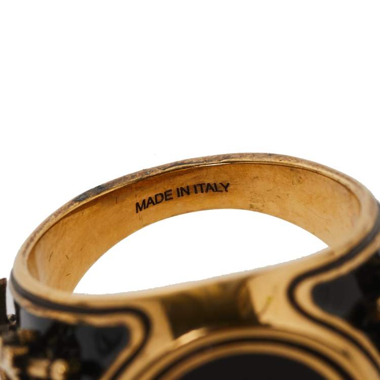 Pre Owned Alexander McQueen Skull Motif Enamel Gold Tone Ring Size 60