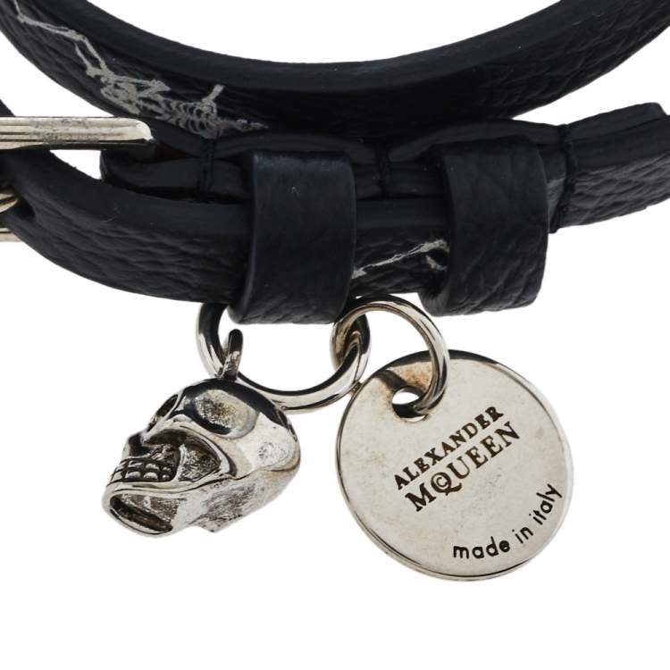 Pre Owned Alexander McQueen Black Printed Leather Skull Charm Double Wrap Bracelet