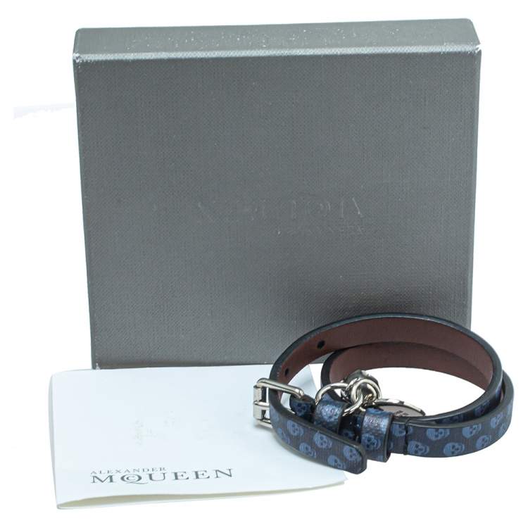Pre Owned Alexander McQueen Blue Skull Print Leather Double Wrap Bracelet