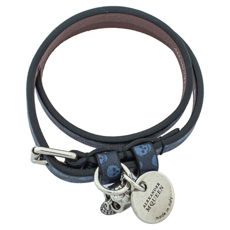 Pre Owned Alexander McQueen Blue Skull Print Leather Double Wrap Bracelet