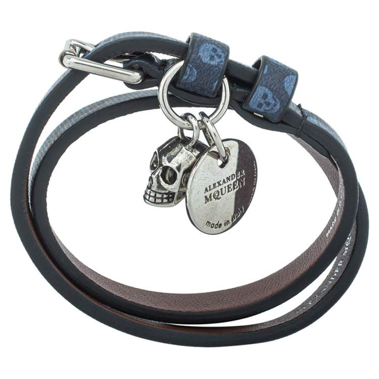 Pre Owned Alexander McQueen Blue Skull Print Leather Double Wrap Bracelet