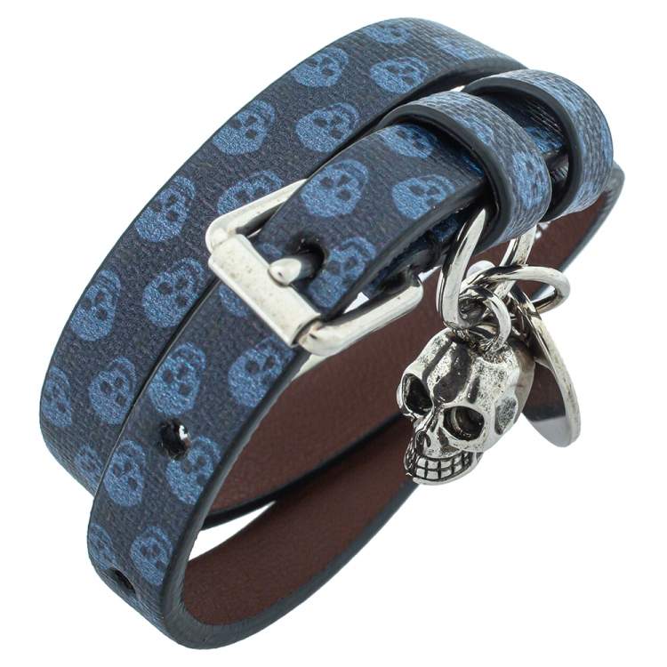 Pre Owned Alexander McQueen Blue Skull Print Leather Double Wrap Bracelet