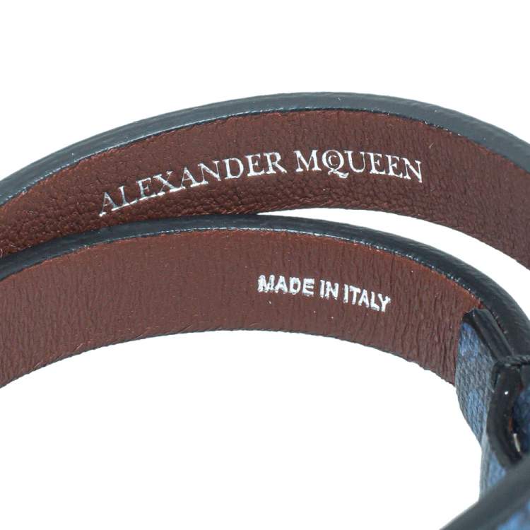Pre Owned Alexander McQueen Blue Skull Print Leather Double Wrap Bracelet