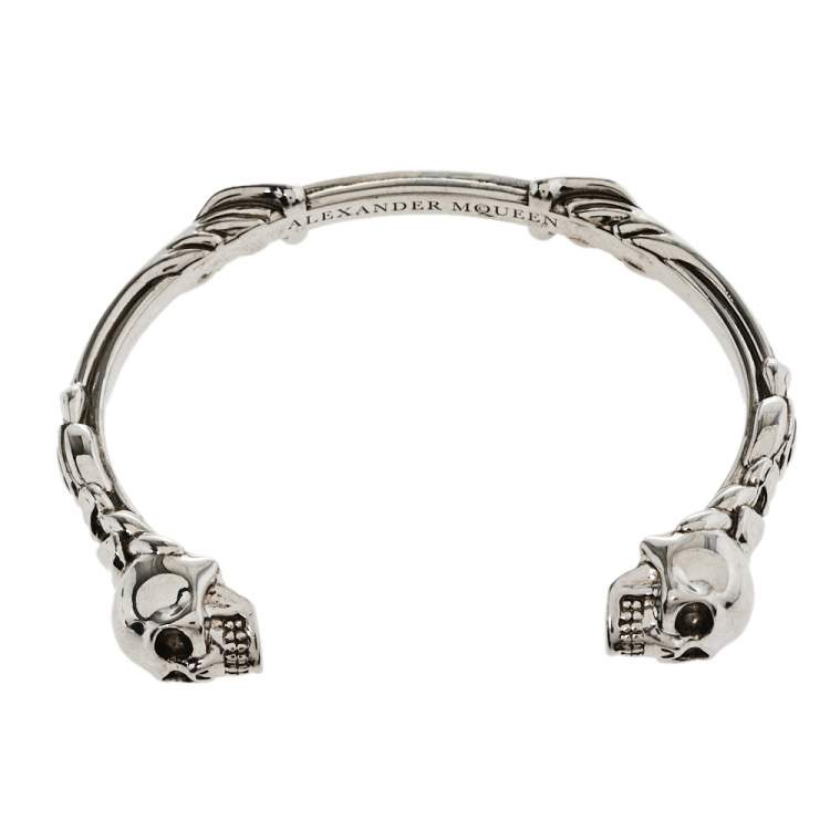 Pre Owned Alexander McQueen Silver Tone Twin Textured Skull Cuff Bracelet