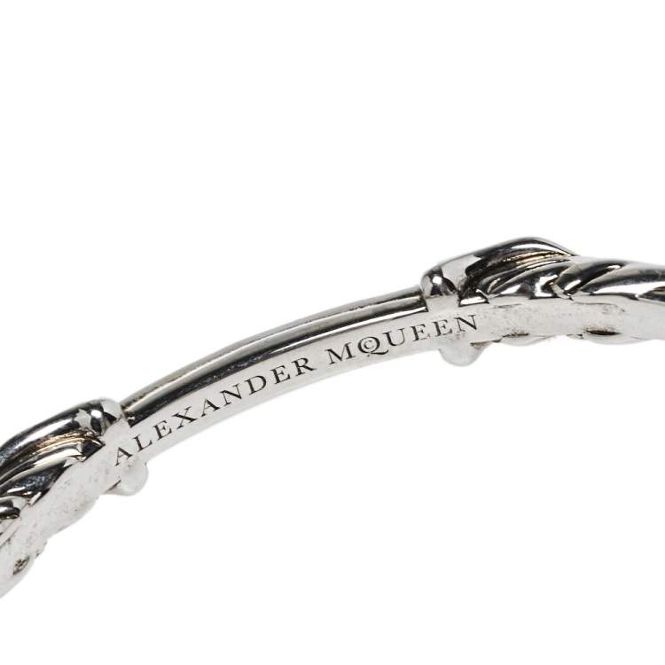 Pre Owned Alexander McQueen Silver Tone Twin Textured Skull Cuff Bracelet