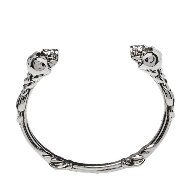 Pre Owned Alexander McQueen Silver Tone Twin Textured Skull Cuff Bracelet