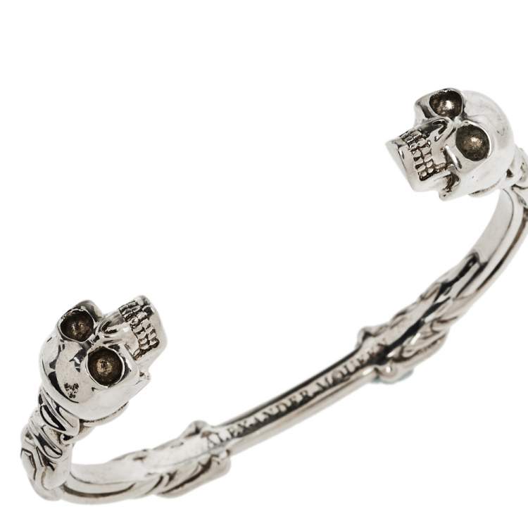 Pre Owned Alexander McQueen Silver Tone Twin Textured Skull Cuff Bracelet