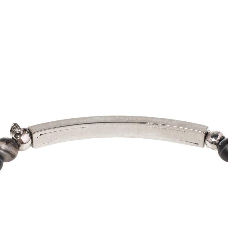 Pre Owned Alexander McQueen Silver Tone Skull Charm Agate Beaded Bracelet