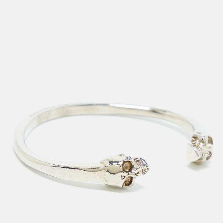 Pre Owned Alexander McQueen Twin Skull Silver Tone Open Cuff Bracelet