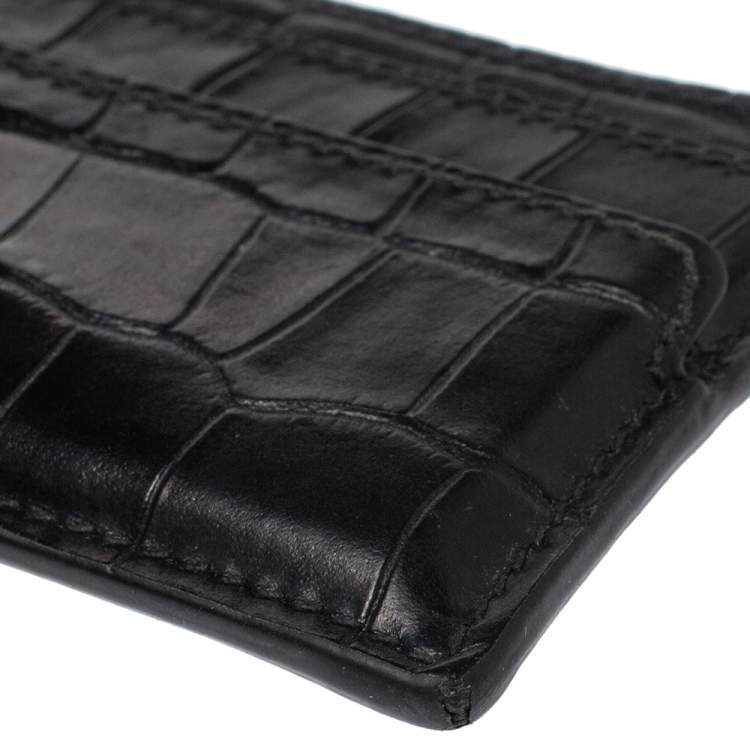 Pre Owned Alexander McQueen Black Crocodile Embossed Leather Skull Card Holder