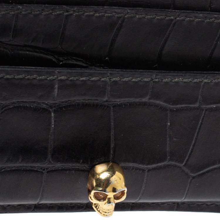 Pre Owned Alexander McQueen Black Crocodile Embossed Leather Skull Card Holder