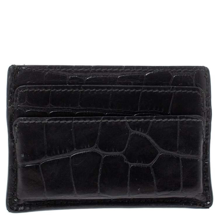 Pre Owned Alexander McQueen Black Crocodile Embossed Leather Skull Card Holder