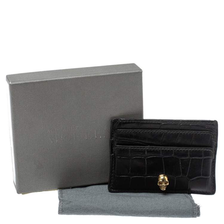 Pre Owned Alexander McQueen Black Crocodile Embossed Leather Skull Card Holder