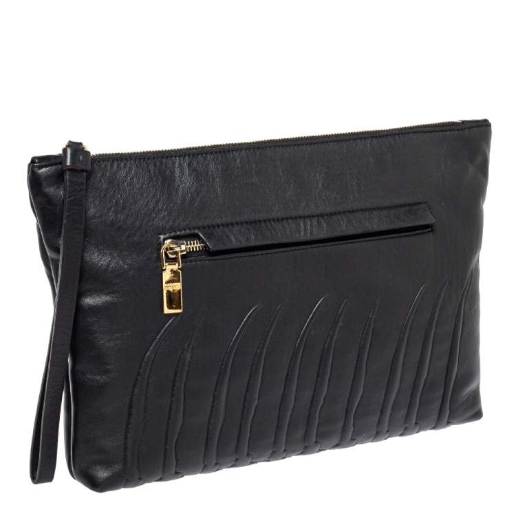 Pre Owned Alexander McQueen Black Ribcage Embossed Leather Wristlet Clutch