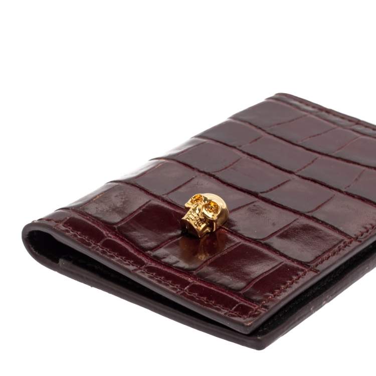 Pre Owned Alexander McQueen Burgundy Croc Embossed Leather Skull Bifold Card Holder 