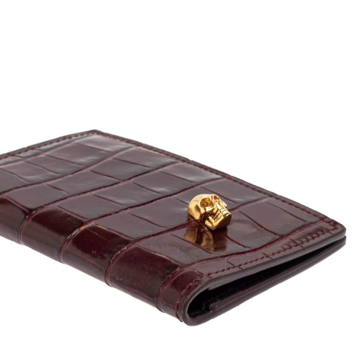 Pre Owned Alexander McQueen Burgundy Croc Embossed Leather Skull Bifold Card Holder 
