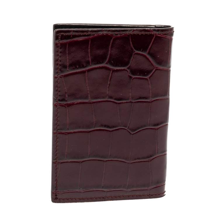Pre Owned Alexander McQueen Burgundy Croc Embossed Leather Skull Bifold Card Holder 