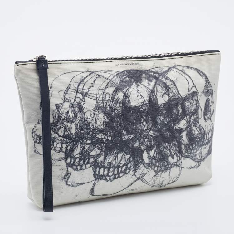 Pre Owned Alexander Mcqueen White Skull Printed Coated Canvas Zip Pouch