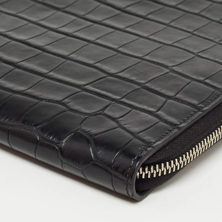 Pre Owned Alexander McQueen Black Croc Embossed Leather Zip Around Pouch