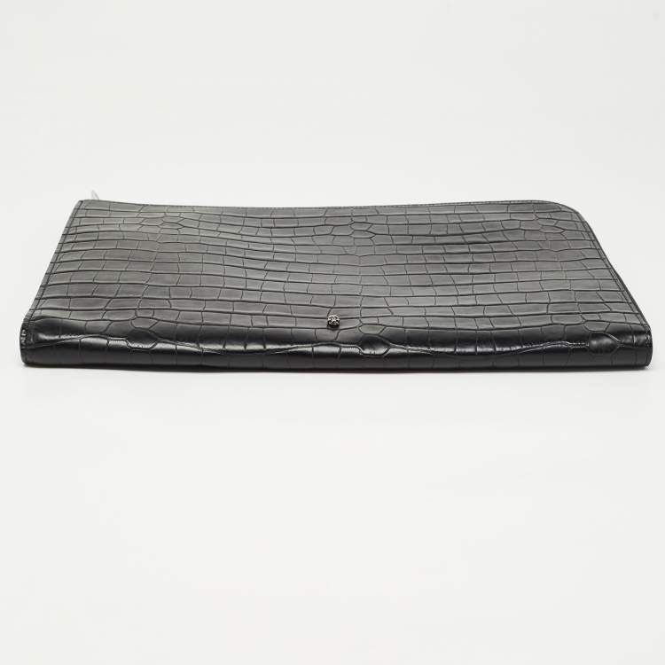 Pre Owned Alexander McQueen Black Croc Embossed Leather Zip Around Pouch