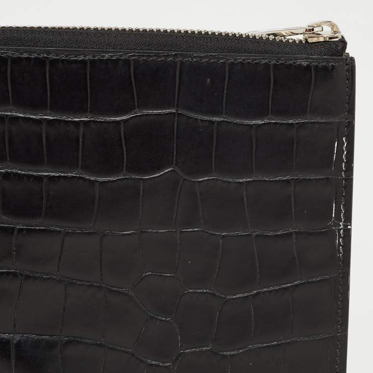 Pre Owned Alexander McQueen Black Croc Embossed Leather Zip Around Pouch