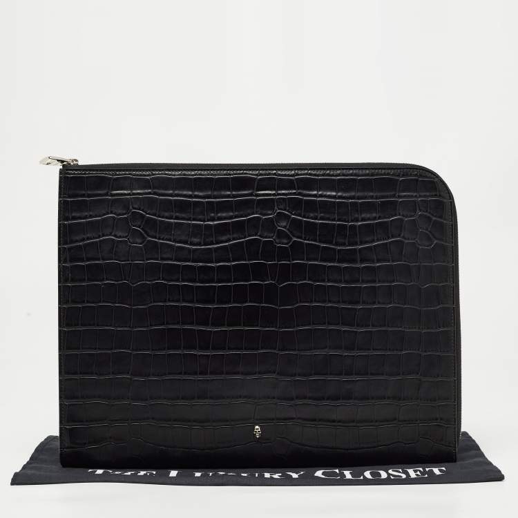 Pre Owned Alexander McQueen Black Croc Embossed Leather Zip Around Pouch