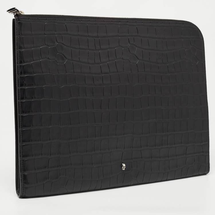 Pre Owned Alexander McQueen Black Croc Embossed Leather Zip Around Pouch