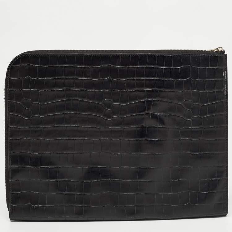 Pre Owned Alexander McQueen Black Croc Embossed Leather Zip Around Pouch