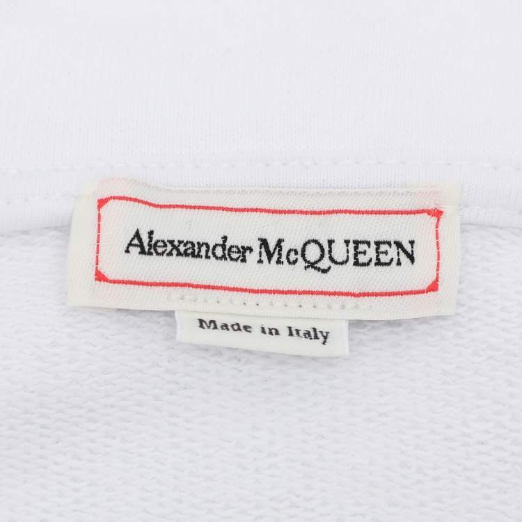 Pre Owned Alexander McQueen White Cotton Knit Logo Print Short Sleeve Hoodie XS