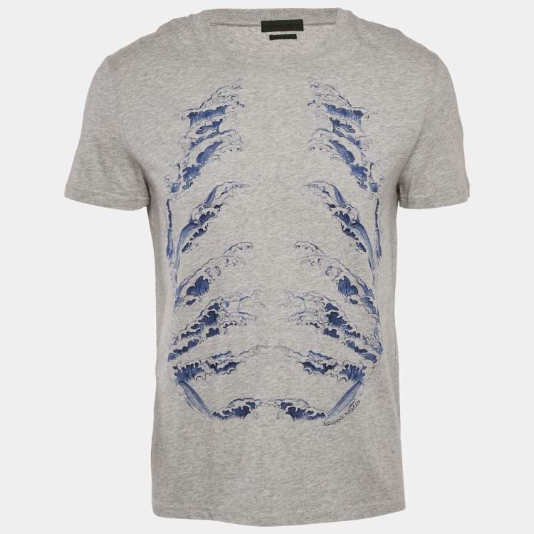 Pre Owned Alexander McQueen Grey Ribcage Wave Print Cotton T-Shirt M