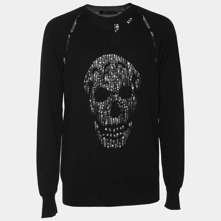 Pre Owned Alexander McQueen Black Distressed Skull Jumper L